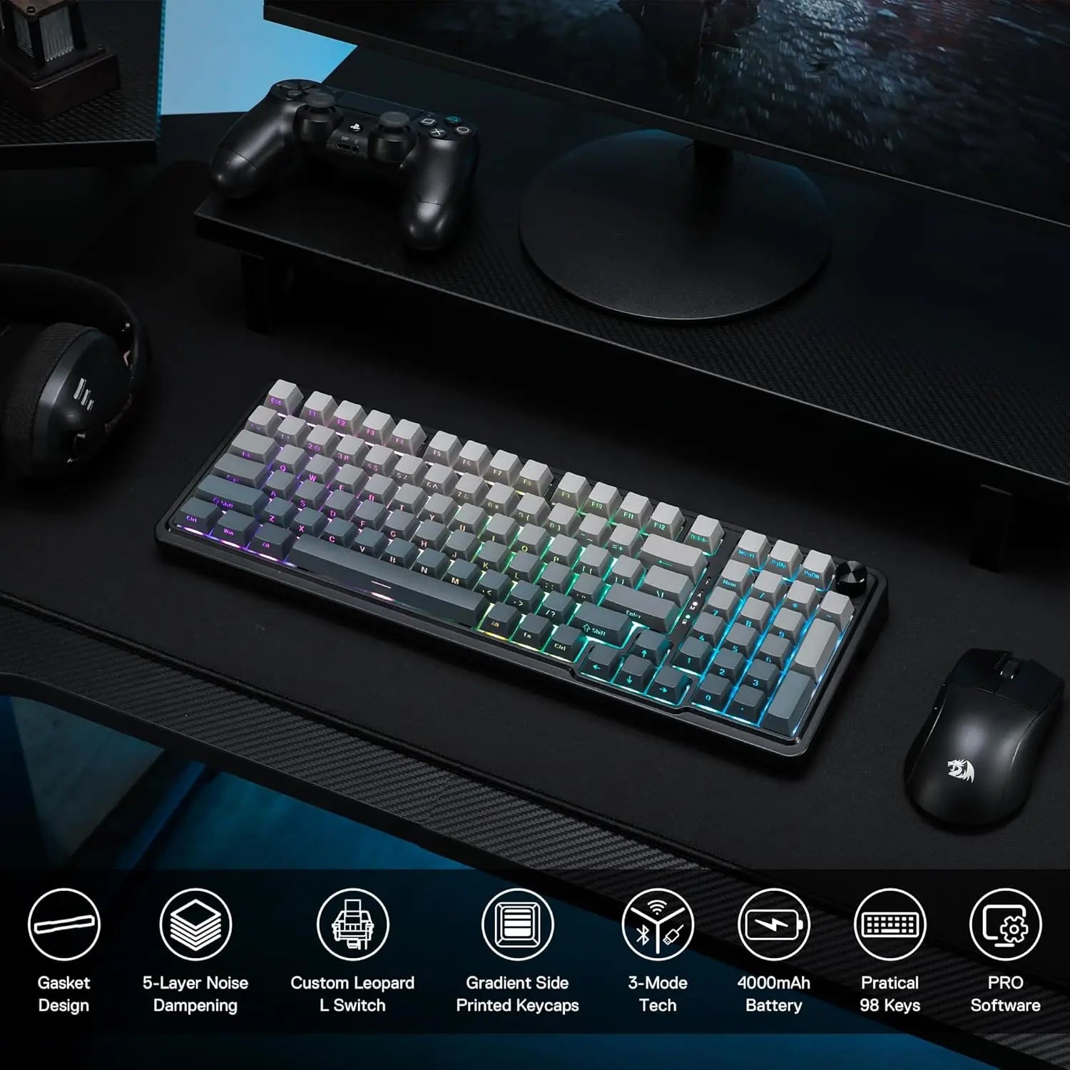 Redragon K686 PRO 98 Keys Wireless Gasket RGB Gaming 3-Mode PBT Mechanical Hot-Swap South-Facing RGB Socket Keyboard