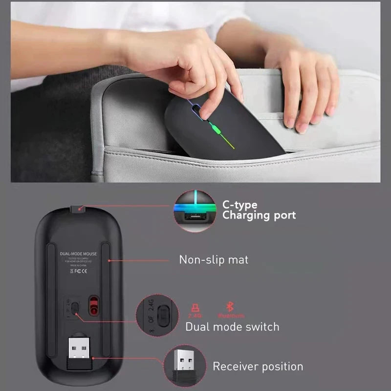 Wireless Mouse Rechargeable Silent LED Backlit Mice PC Laptop Computer Mous BT 2.4GHz Receiver Bluetooth Dual Mode Optical Mice