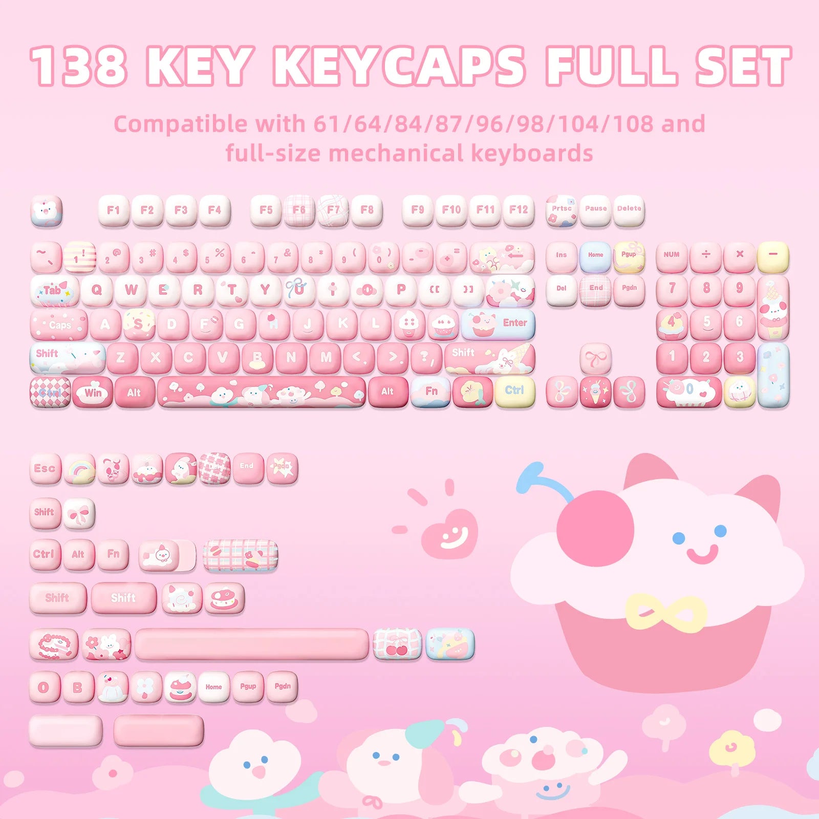 YUNZII Pink Ice Cream MOG Custom Keycaps, 138 Keys Dye Sub PBT Cute MOG Profile Keycap Set for Mechanical Gaming Keyboards