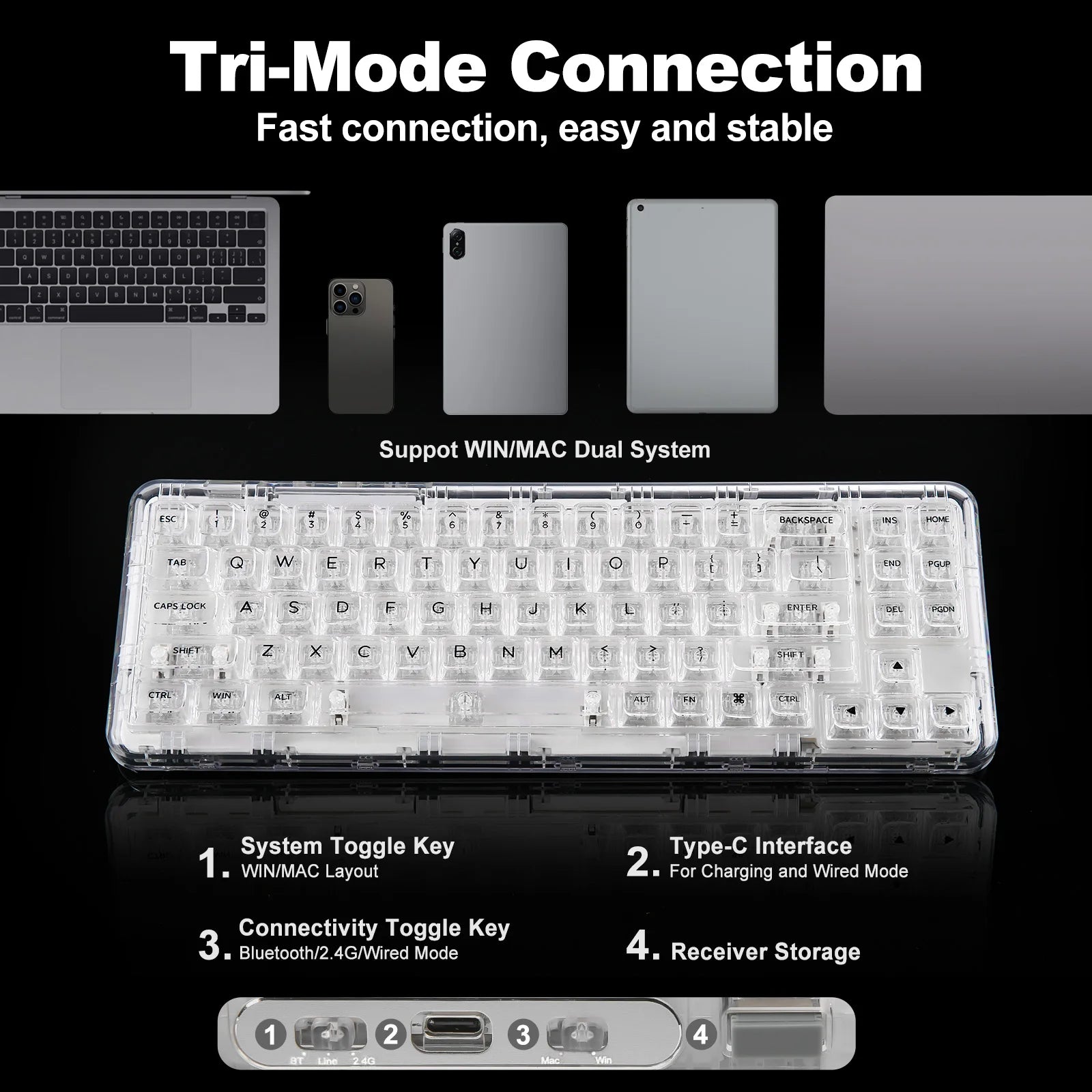 YUNZII X71 68% Layout Wireless BT/2.4G/USB-C Gasket Hot-Swap Transparent RGB Mechanical Gaming Keyboard with Clear Keycaps